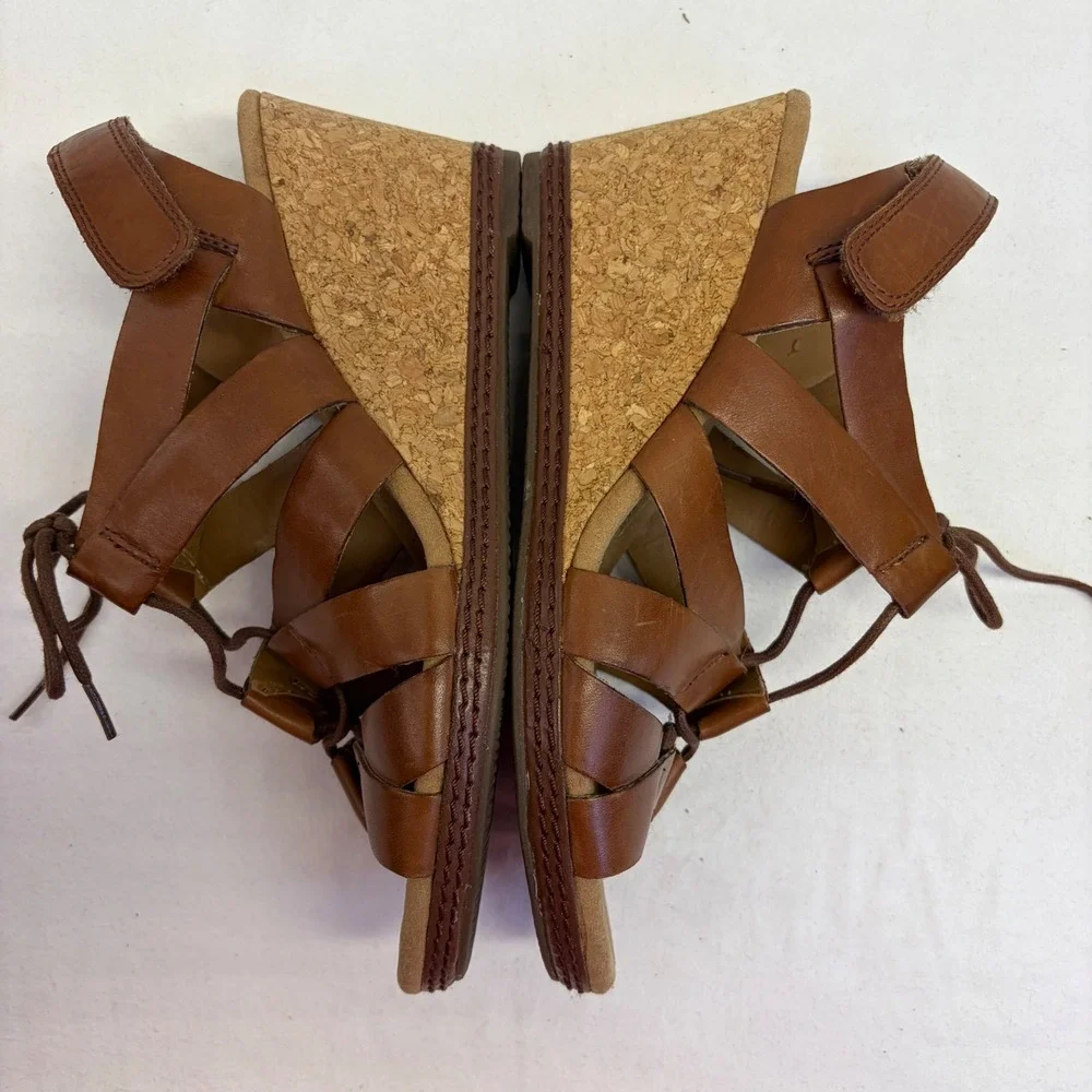 Clarks Collection Wedge Sandals Womens Size 8 Brown Leather Lace Up Cork Comfort